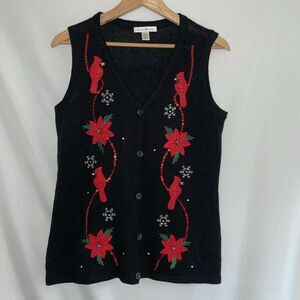 VTG Susan Bristol‎ Christmas Holiday Vest Red Cardinals Birds Sequins Poinsettia